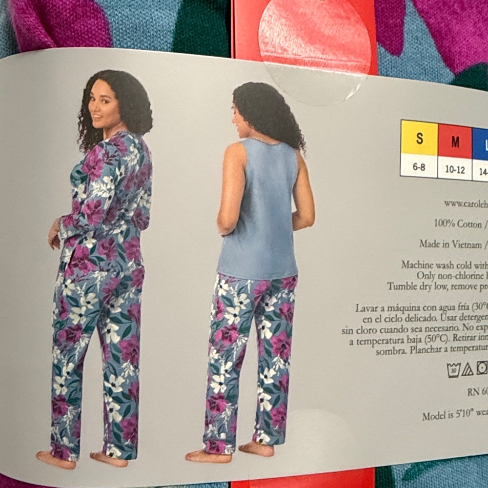 Carole Hochman 3-Piece Pajama Set Blue and Magenta Cotton M NWT - Picture 2 of 3